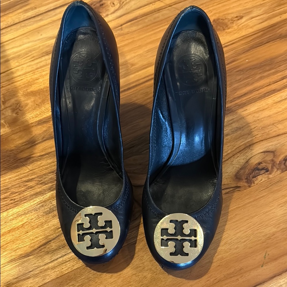 Tory Burch Black Gold Heels with Signature Logo